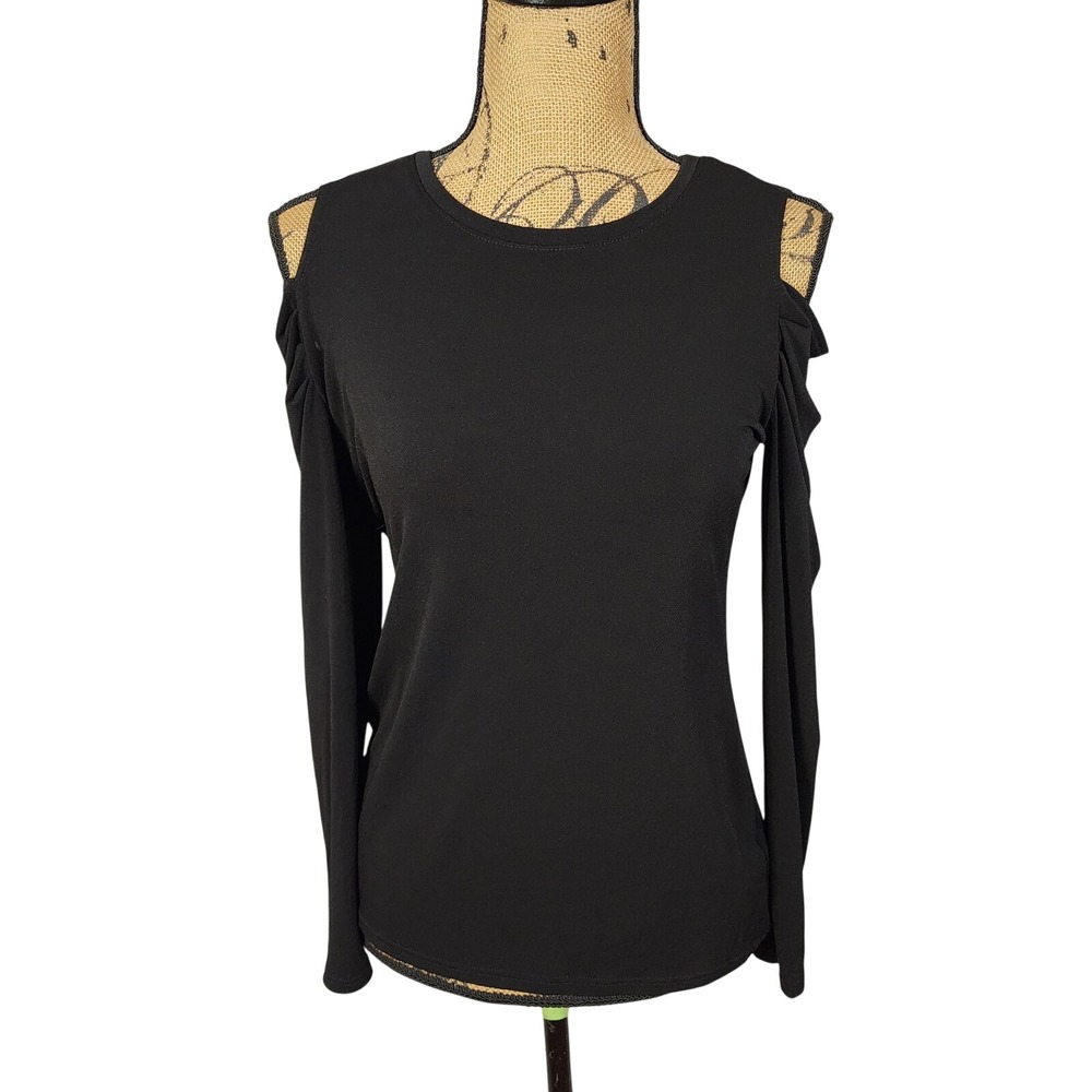 1 STATE Size Medium Black Long Ruched Cold Shoulder Sleeve Whimsigoth Blouse EUC